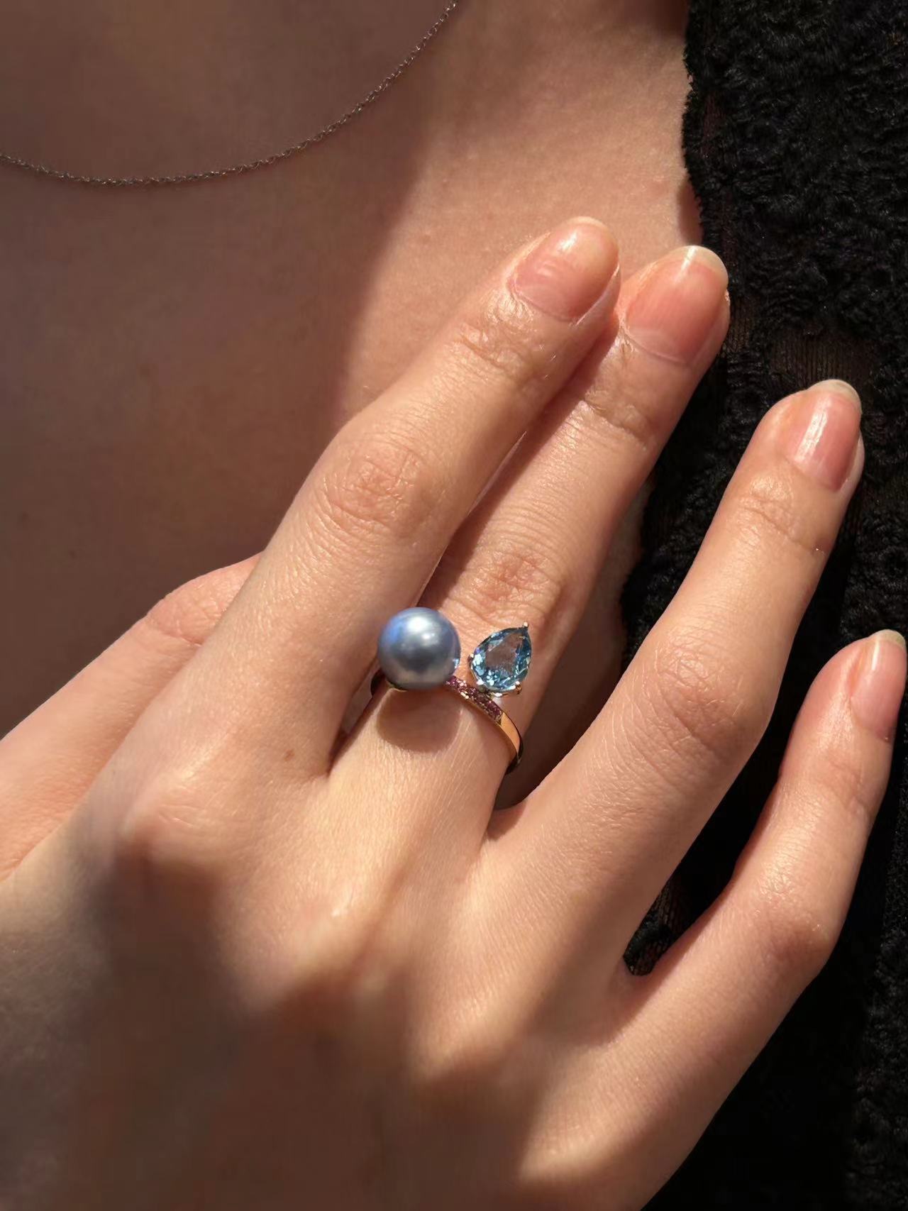 Blue Topaz and Blue Rose Pearl Ring