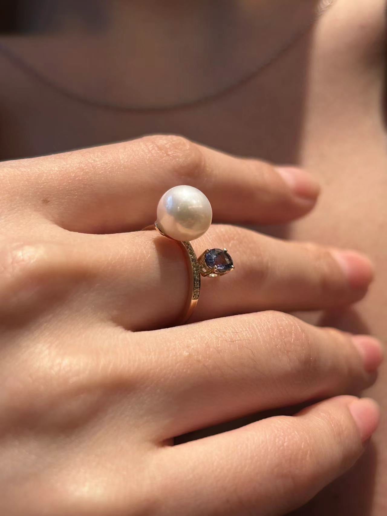 Tanzanite and White Angel Pearl Ring