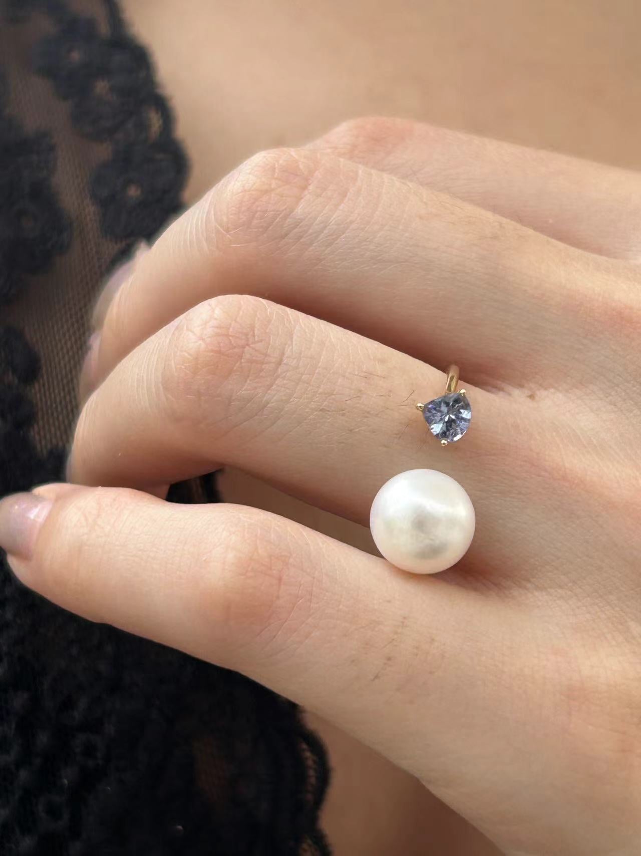 Tanzanite and White Angel Pearl Ring