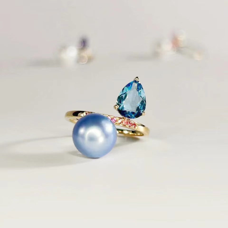 Blue Topaz and Blue Rose Pearl Ring