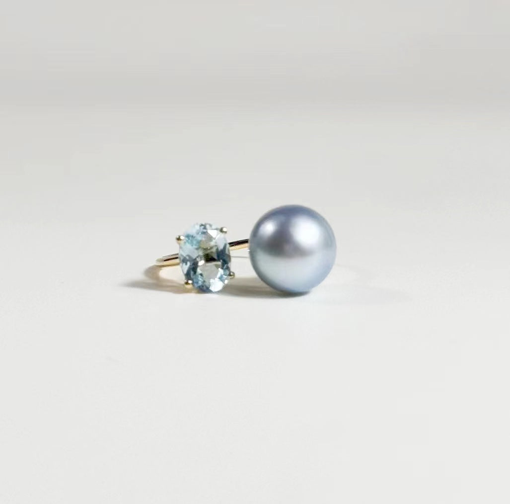 Blue Topaz and Blue Rose Pearl Ring