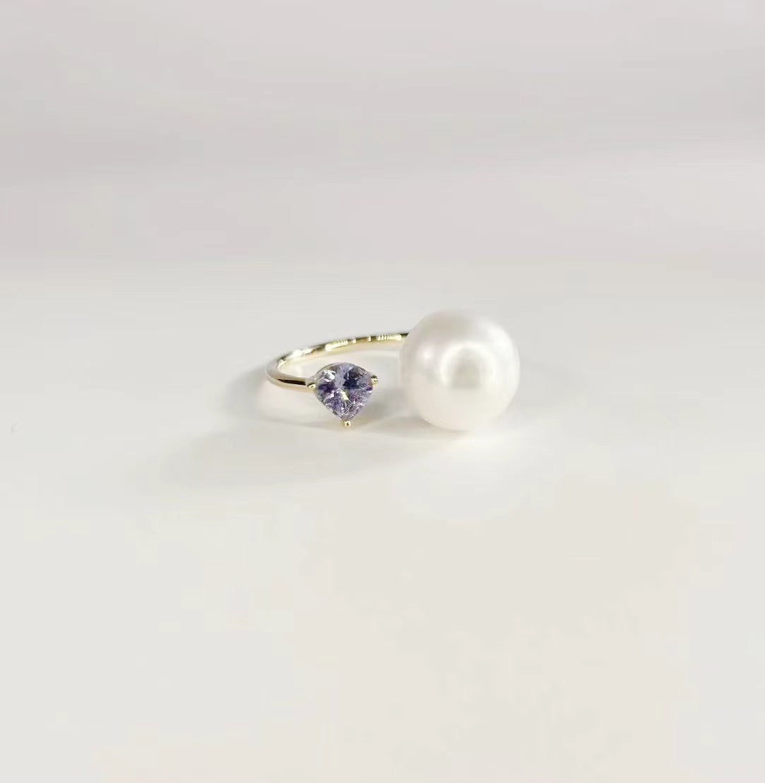 Tanzanite and White Angel Pearl Ring