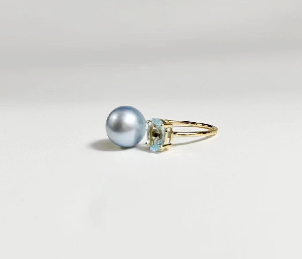 Blue Topaz and Blue Rose Pearl Ring