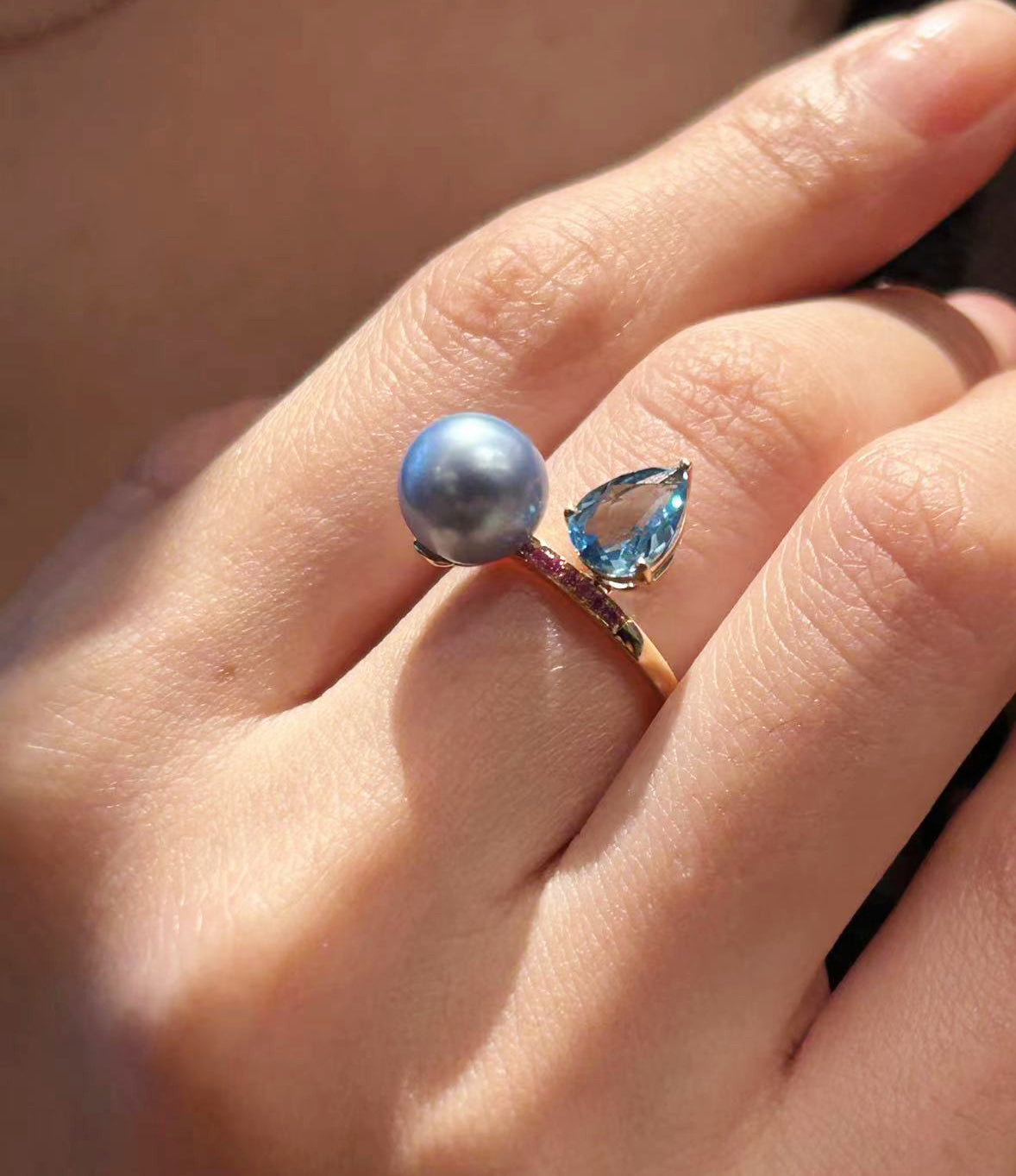 Blue Topaz and Blue Rose Pearl Ring