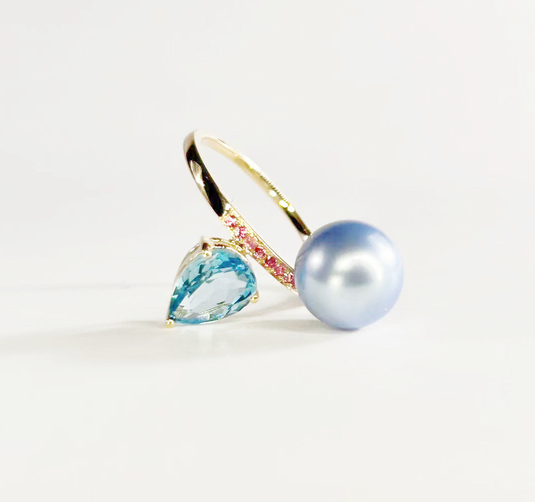 Blue Topaz and Blue Rose Pearl Ring